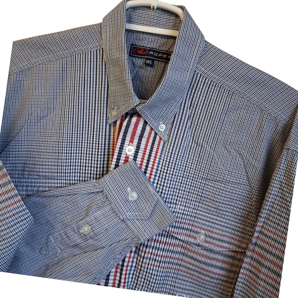 Roper Men's Shirt Large Patriotic LS Western Red White Blue Check/Stripes EUC